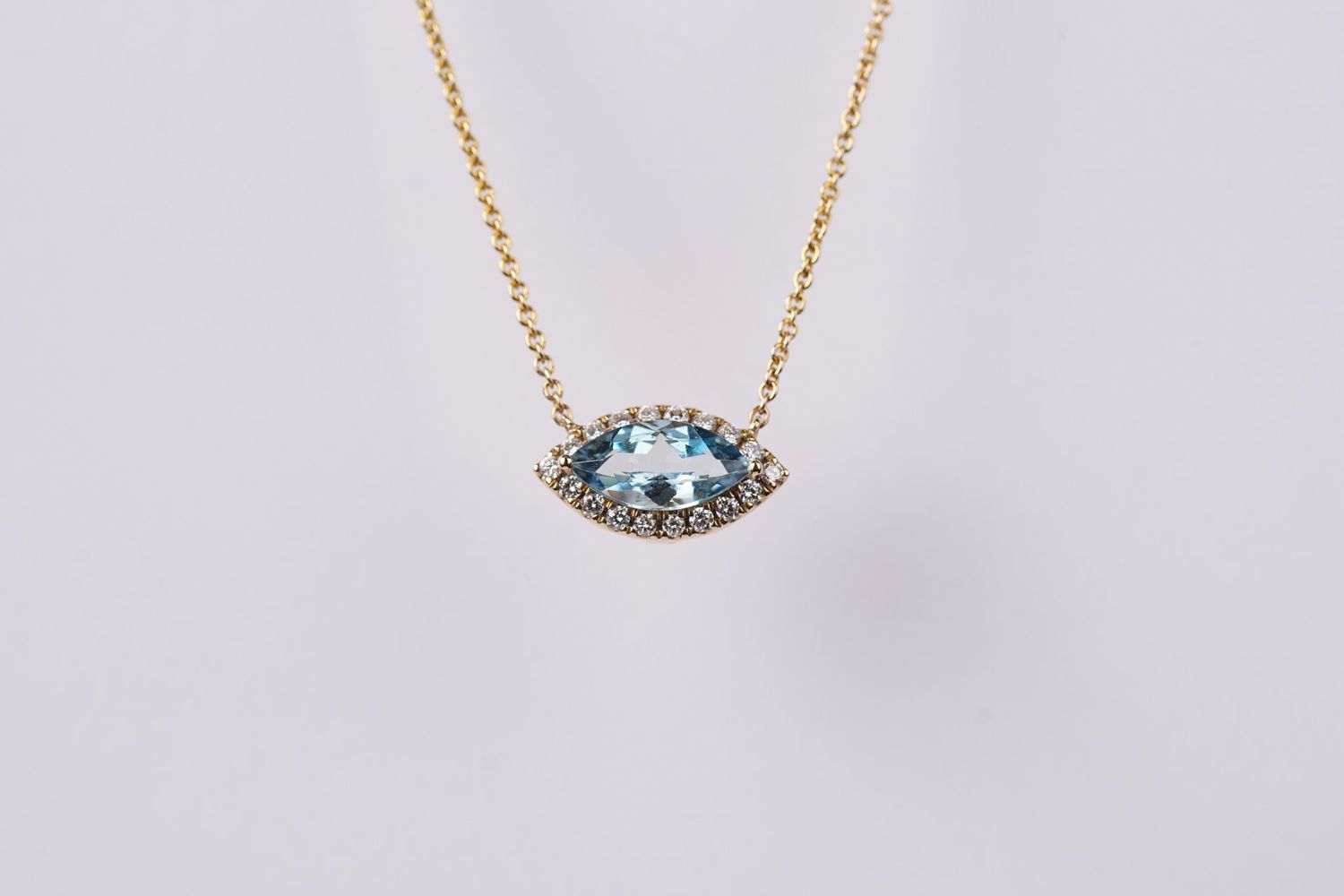 DDA-14KY 2.6g 1.11ctw (.94ctr) Aquamarine &amp; Diamond Halo Pendant 18&quot;