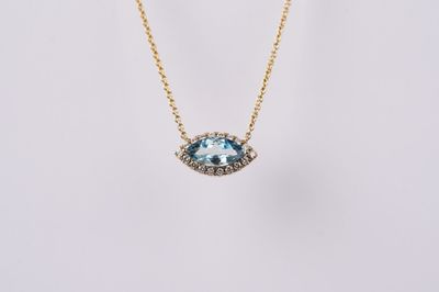 DDA-14KY 2.6g 1.11ctw (.94ctr) Aquamarine &amp; Diamond Halo Pendant 18&quot;