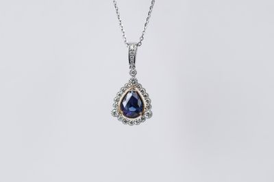 ILT- 14KWY 3.53g .32ctw Diamond 1.55ct Blue Sapphire Halo Necklace 18-20&quot;
