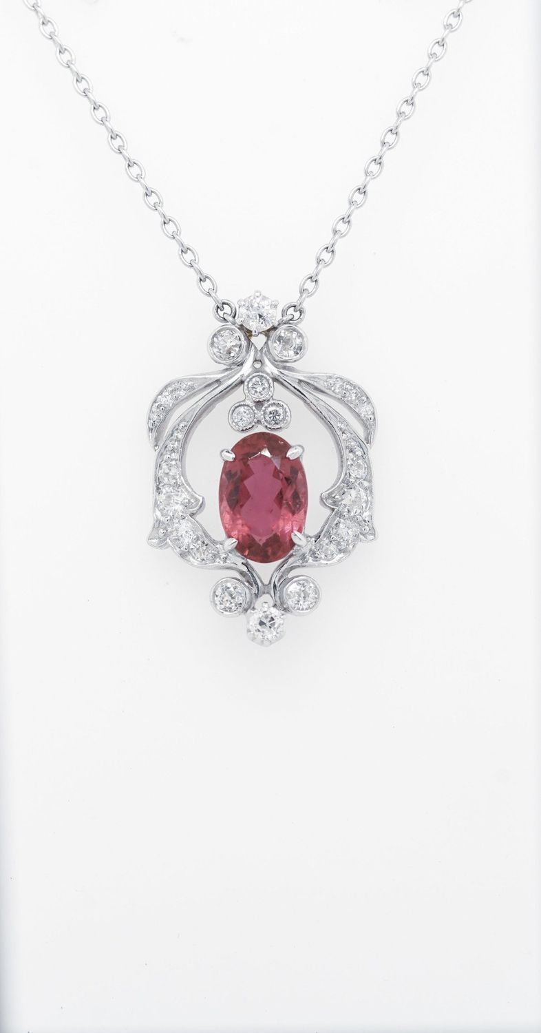 VDTT-Platinum 7.96g 2.80ctw (.80ctr) Pink Tourmaline &amp; Diamond Antique Necklace 18&quot;