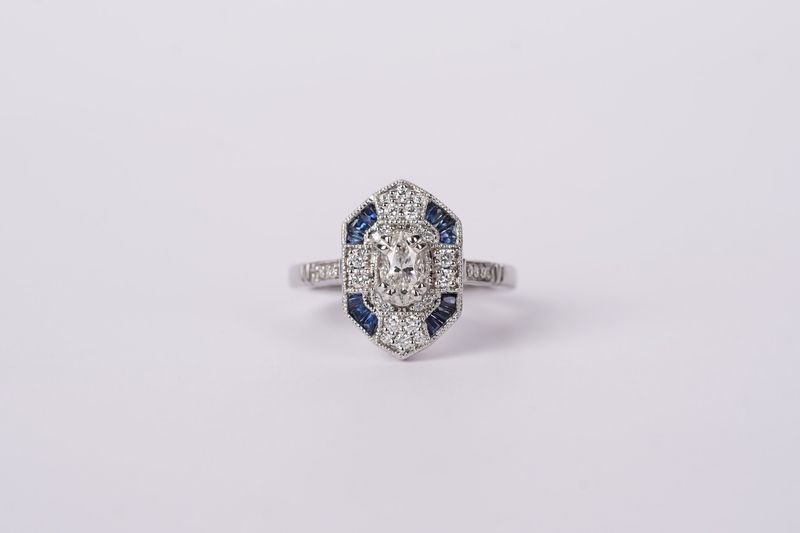VTPT- 14KW 4.4g .91ctw (.46ctr) I/SI2 Oval Diamond &amp; Sapphire Vintage Inspired Ring (size 6.5)