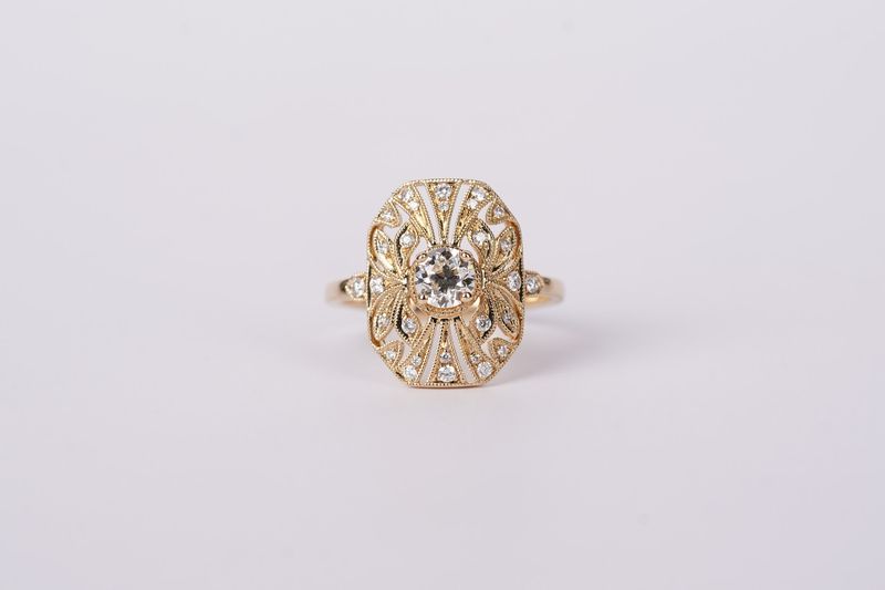 BNT- 14KY 2.98g .67ctw (.48ctr) L/VS2 Old European Cut Diamond Vintage Inspired Ring (size 6.75)