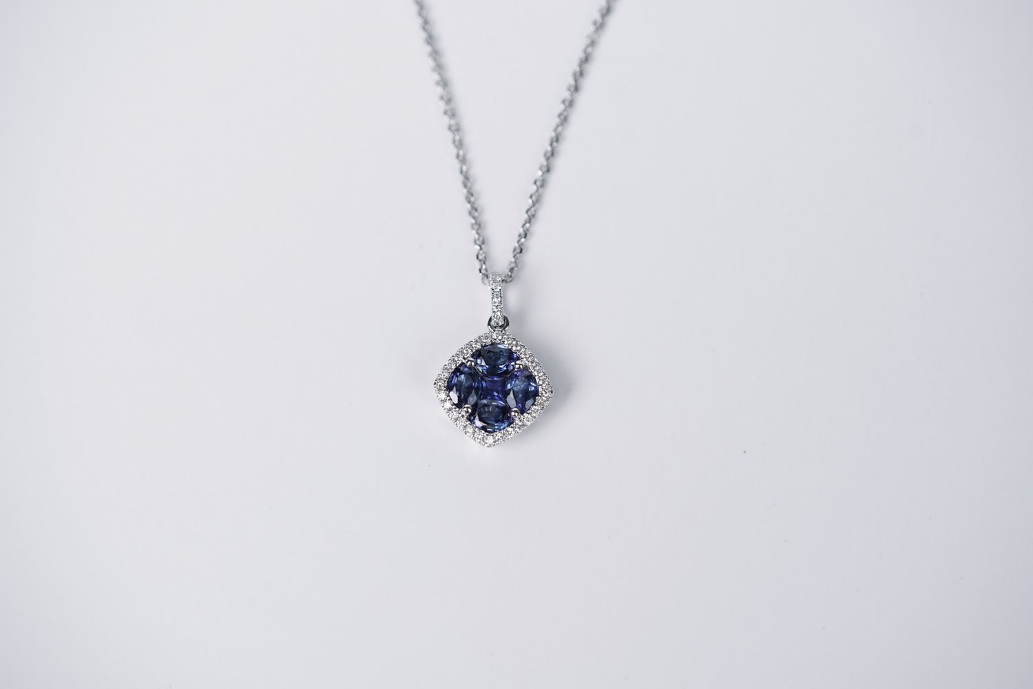 EVI 14/18KW 1.49ctw Sapphire &amp; Diamond Halo Necklace 16-18&quot;
