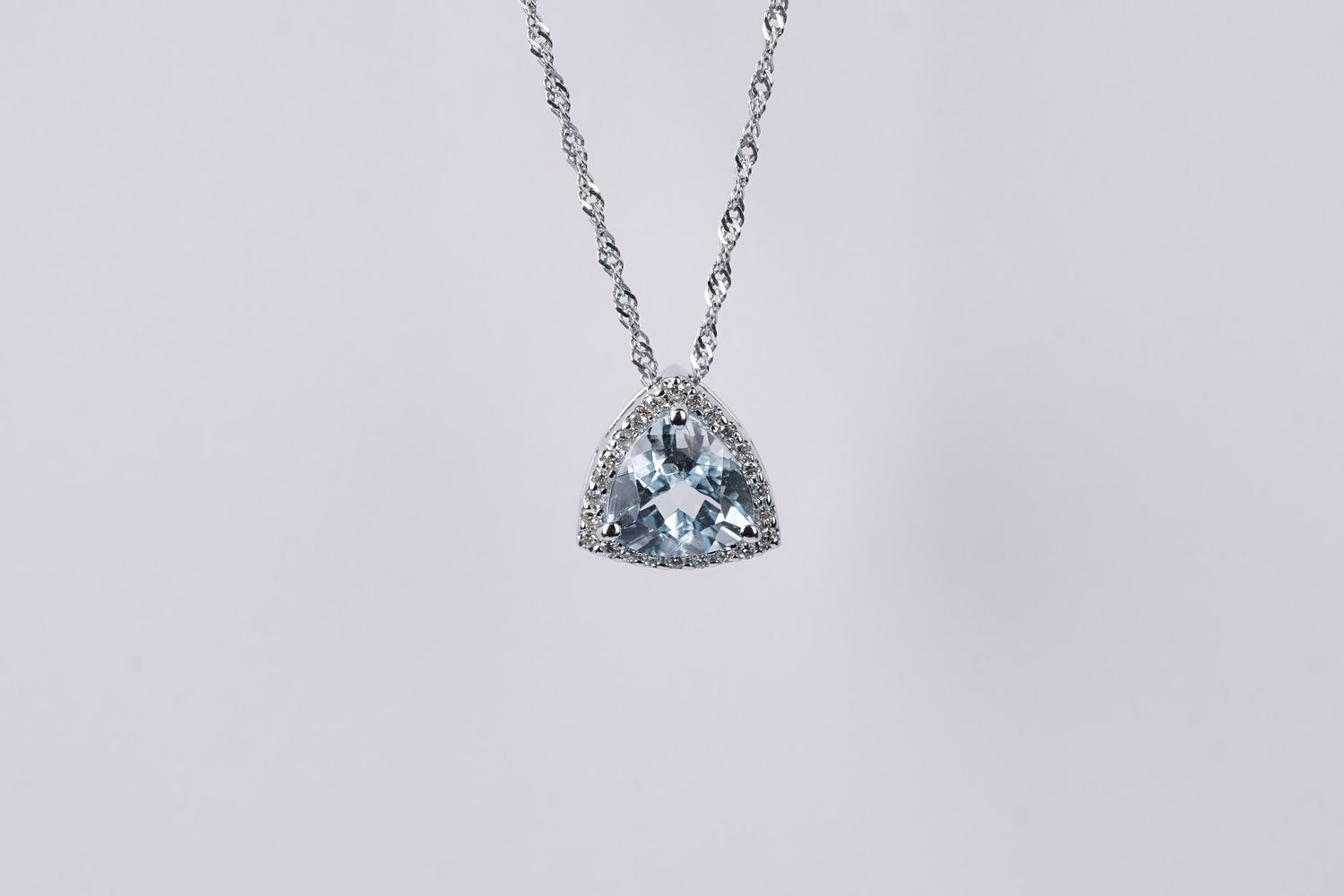 AIE- 14KW 3.00g 1.67ctw (1.50ctr) Trillion Aquamarine Halo Necklace 22&quot;