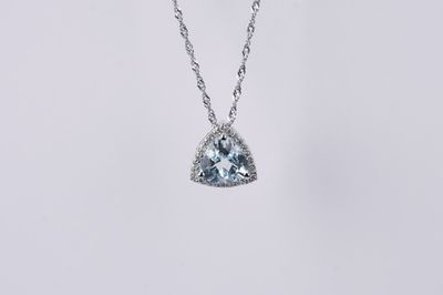 AIE- 14KW 3.00g 1.67ctw (1.50ctr) Trillion Aquamarine Halo Necklace 22&quot;