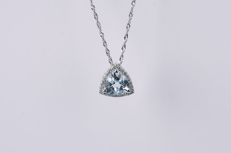 AIE- 14KW 3.00g 1.67ctw (1.50ctr) Trillion Aquamarine Halo Necklace 22&quot;