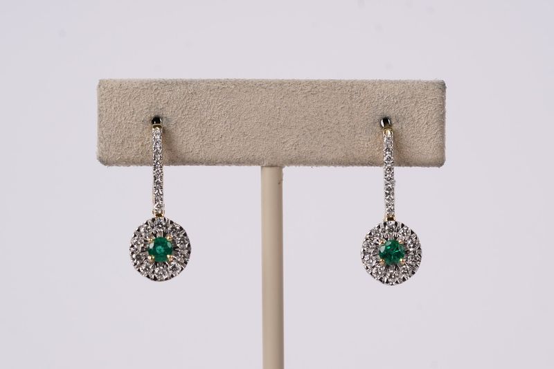 DII- 14KY 3.06g .82ctw Emerald &amp; Diamond Halo Drop Earrings