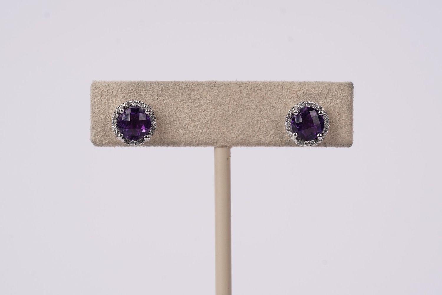 AAE- 14kKW 1.81g 1.76ctw Amethyst &amp; Diamond Halo Stud Earrings