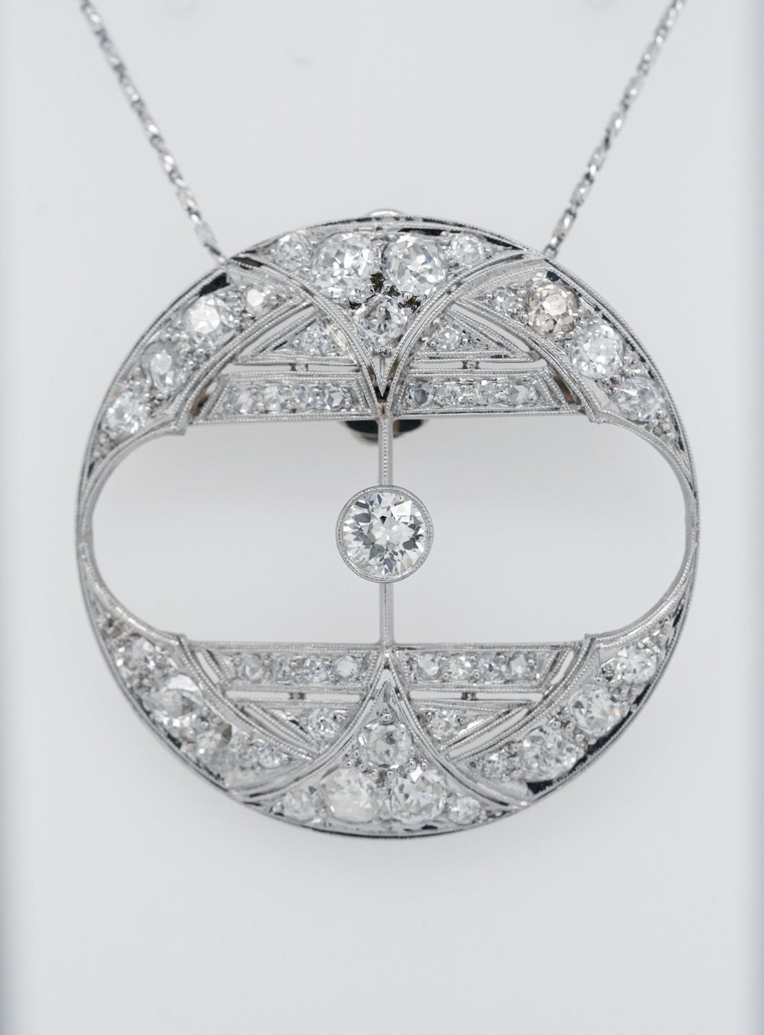 VBET- 14KW/Platinum 3.00ctw (5/8ctr) Old Mine Cut Art Deco Diamond Brooch/Pendant 16&quot;