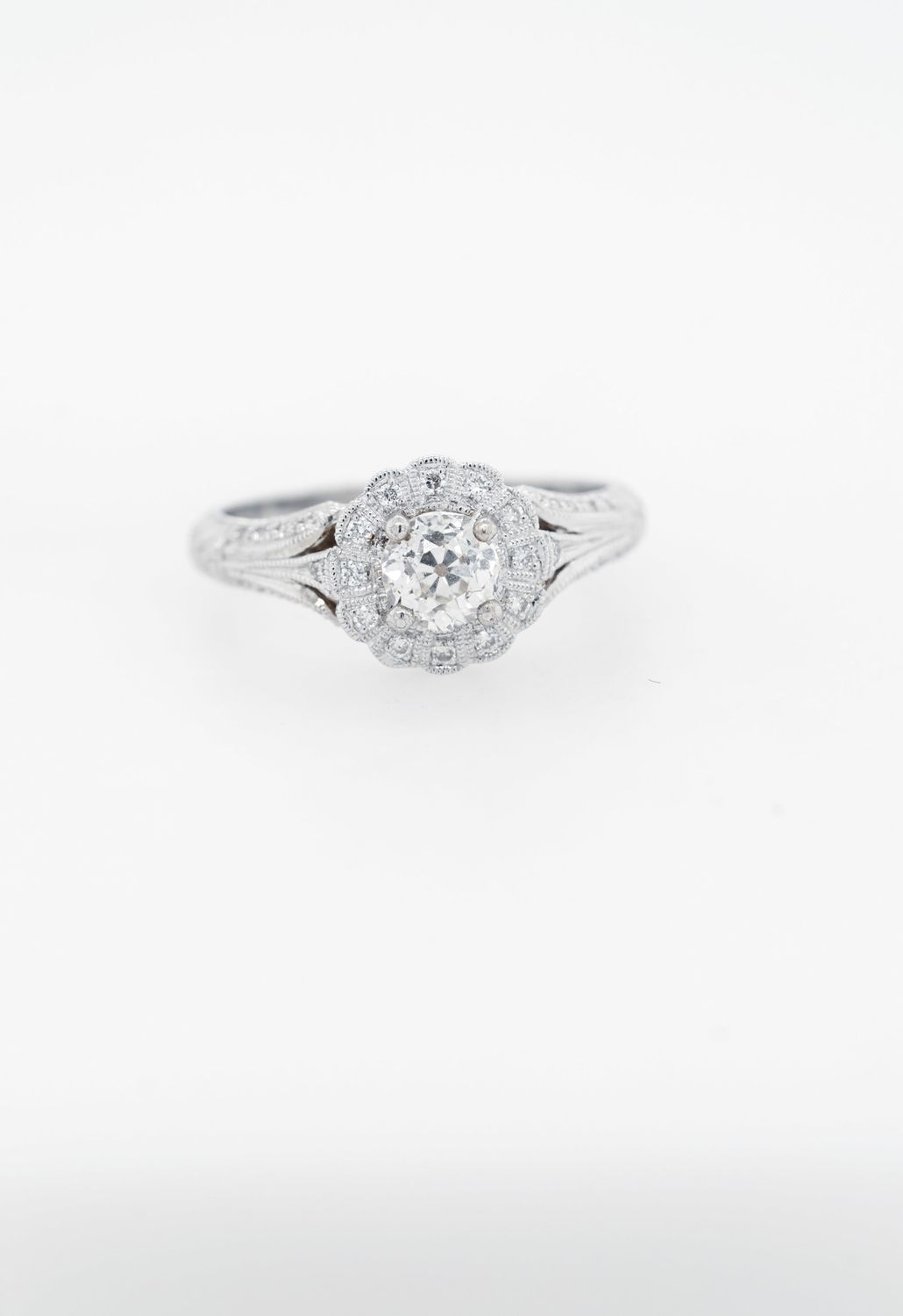 VATT- 18KW 4.1g .75ctw (.54ctr) J/VS2 European Cut Diamond Halo BEV K Ring (size 6.75)