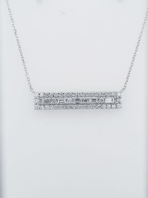 DII- 14KW 3.21g .73ctw Baguette &amp; Round Diamond Bar Necklace 18&quot;