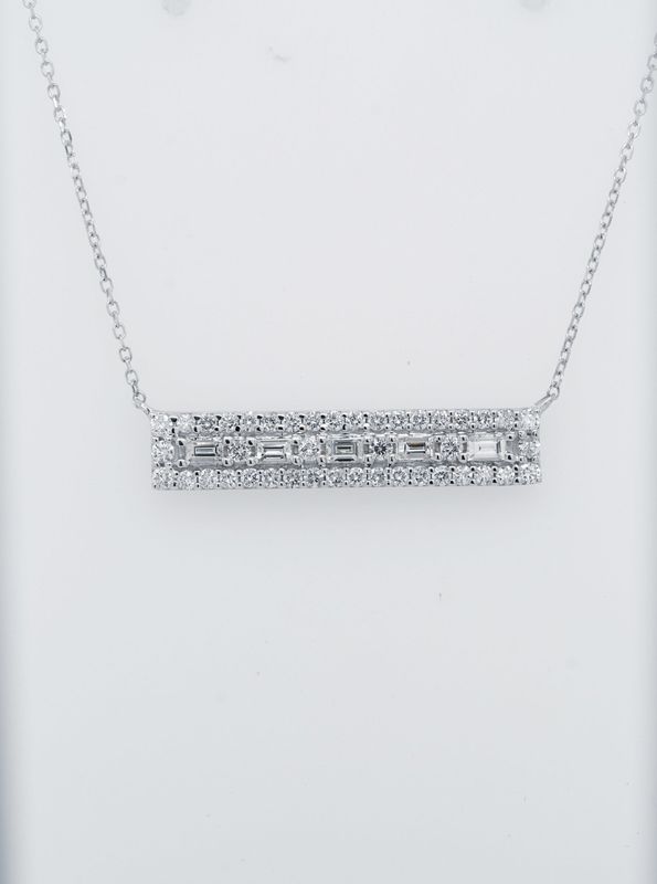 DII- 14KW 3.21g .73ctw Baguette &amp; Round Diamond Bar Necklace 18&quot;