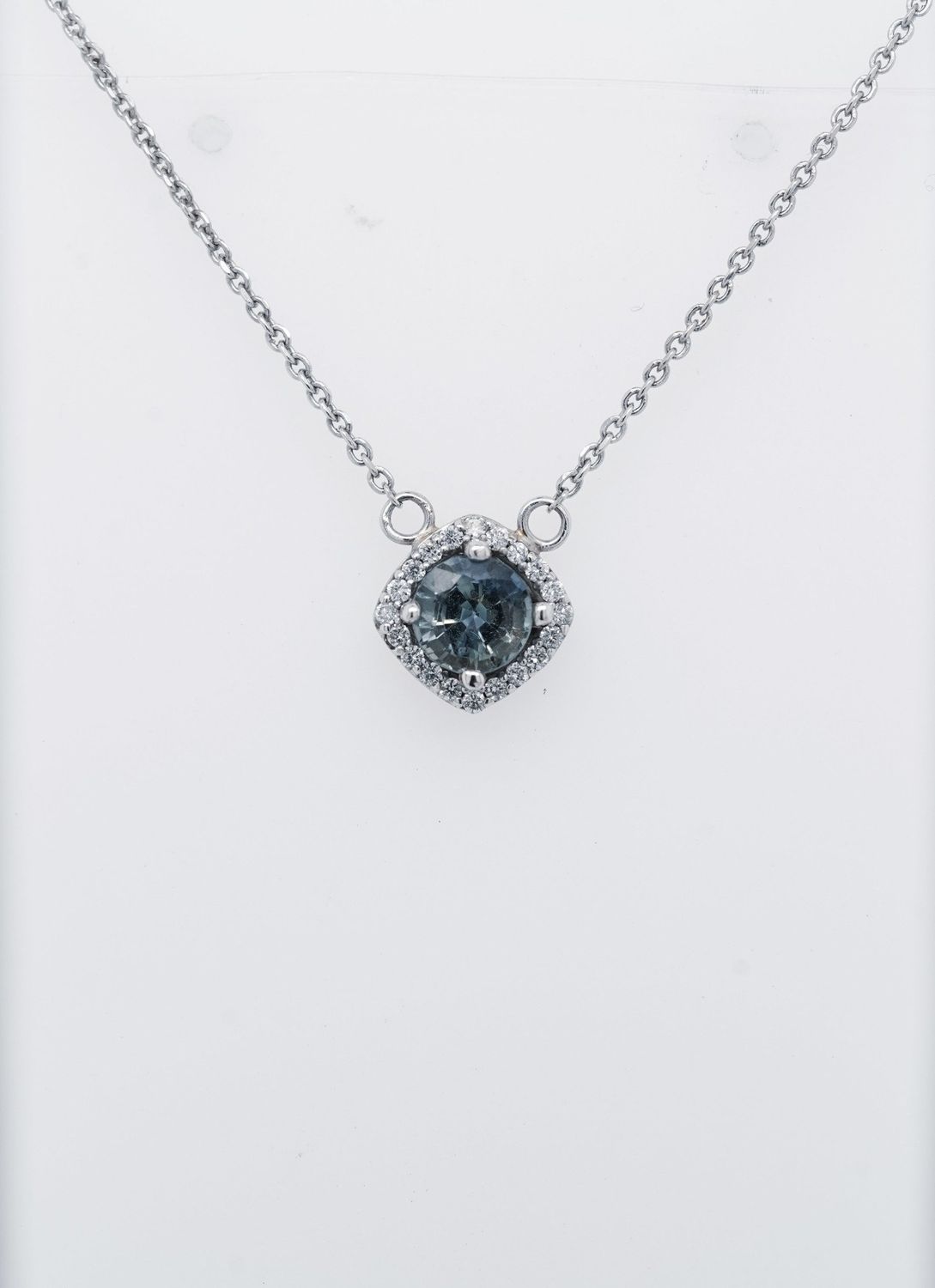NBE- 14KW 2.57g 1.00ctw (.80ctr) Sapphire &amp; Diamond Halo Pendant 16&quot;