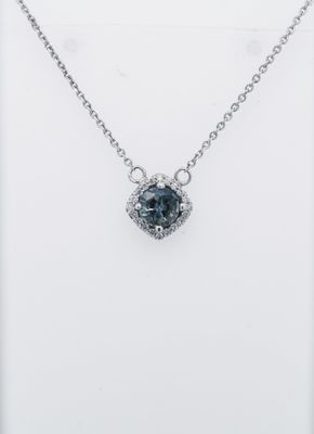 NBE- 14KW 2.57g 1.00ctw (.80ctr) Sapphire &amp; Diamond Halo Pendant 16&quot;