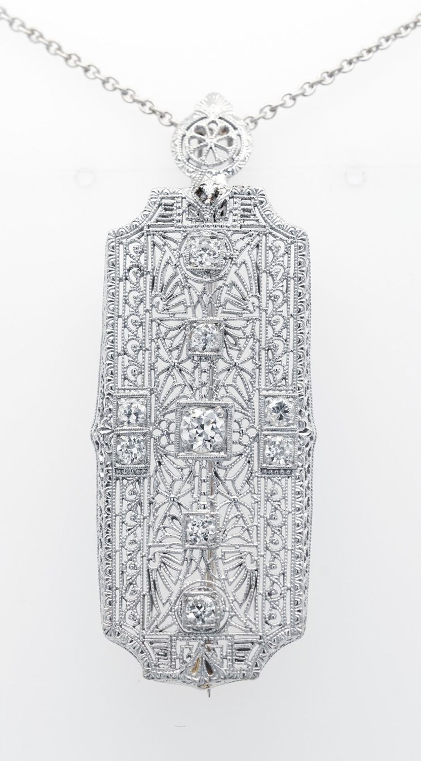 BTT- 18KW 6.2g 1.00ctw European Cut Diamond Brooch/Necklace 30&quot;