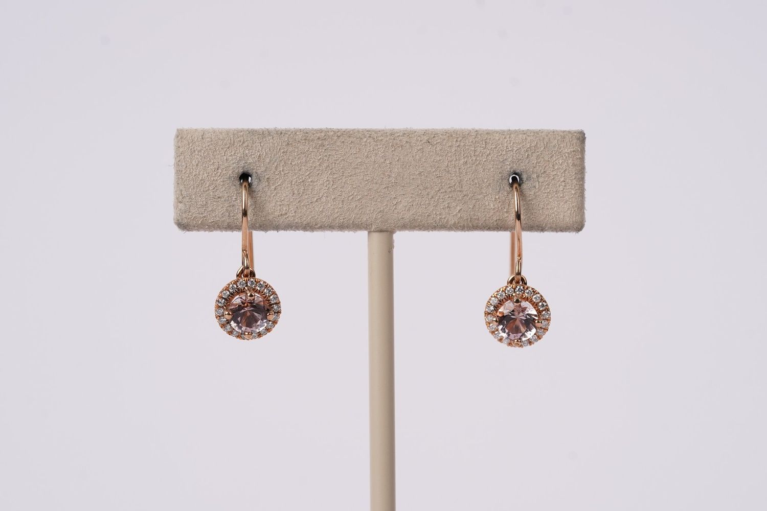 NET- 14KR 2.08g 1.10ctw (.90ctrs) Round Morganite Halo Dangle Earrings
