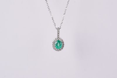 NNI- 14KW 1.69g .49ctw (.40ctr) Emerald &amp; Diamond Halo Pendant 16&quot;