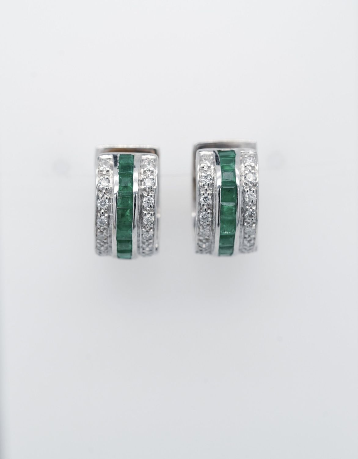 RET- 14KW 5.37g 1.08ctw Emerald &amp; Diamond Huggie Hoop Earrings