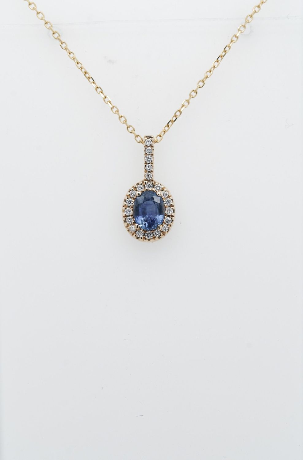 ABD- 14KY 1.71g .56ctw Sapphie &amp; Diamond Halo Pendant 16&quot;