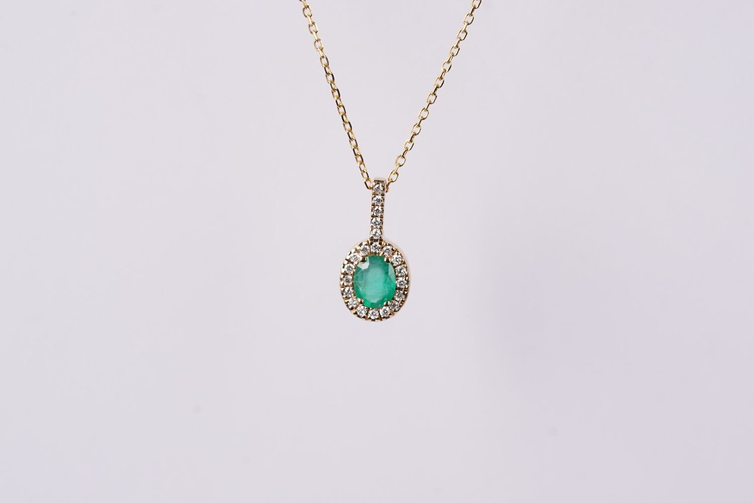 NNI- 14KY 1.62g .49ctw (.40ctr) Emerald &amp; Diamond Halo Pendant 16&quot;