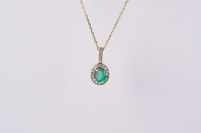 NNI- 14KY 1.62g .49ctw (.40ctr) Emerald &amp; Diamond Halo Pendant 16&quot;