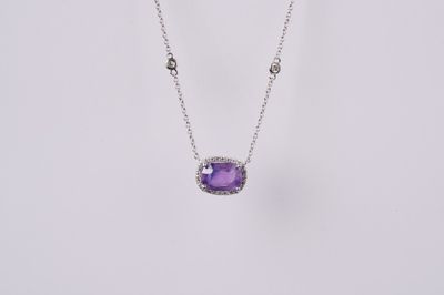 VATI- 14KW 4.10g 2.60ctw (2.40ctr) Purple Sapphire &amp; Diamond Halo Stationed Pendant 16-18&quot;