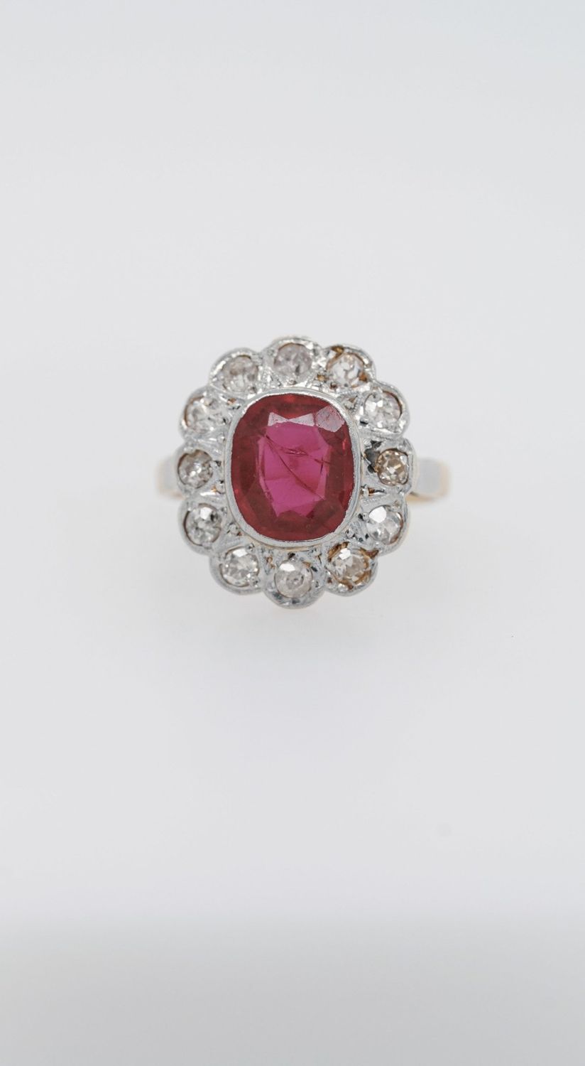 VAET- 18KWY 3.13g Rubelite &amp; Old Mine Cut Diamond Vintage Ring (size 4.5)