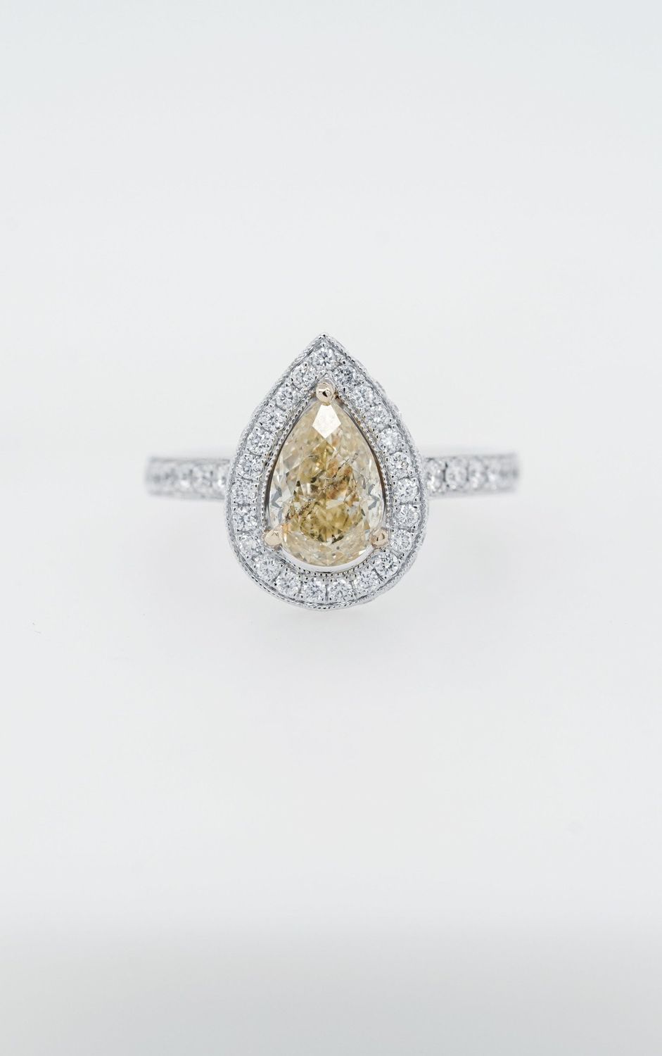 DATT- 14KWY 5.05g 2.53ctw (1.62ctr) FY/SI2 Pear Diamond Halo Engagement Ring (size 7.25)