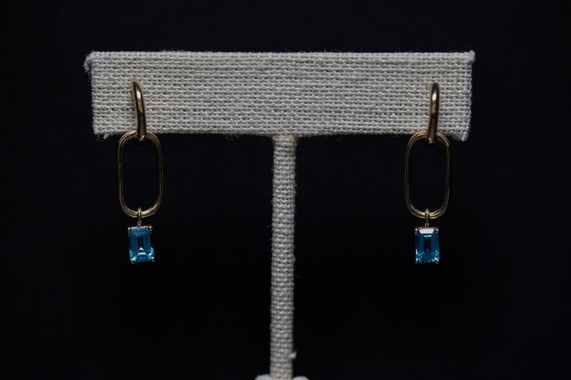 AIR- 14KY 3.30g 6x4mm Emerald Cut Blue Topaz Paperclip Earrings