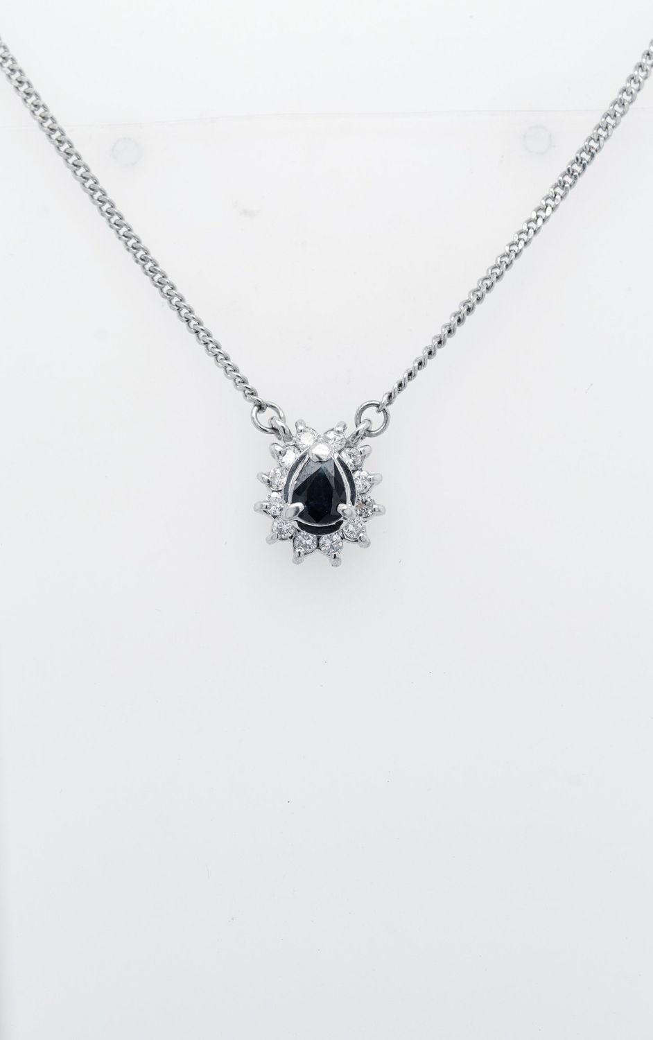 AEL- Platinum 4.1g .36ctw (.22ctr) Blue Sapphire &amp; Diamond Halo Pendant 14-16&quot;