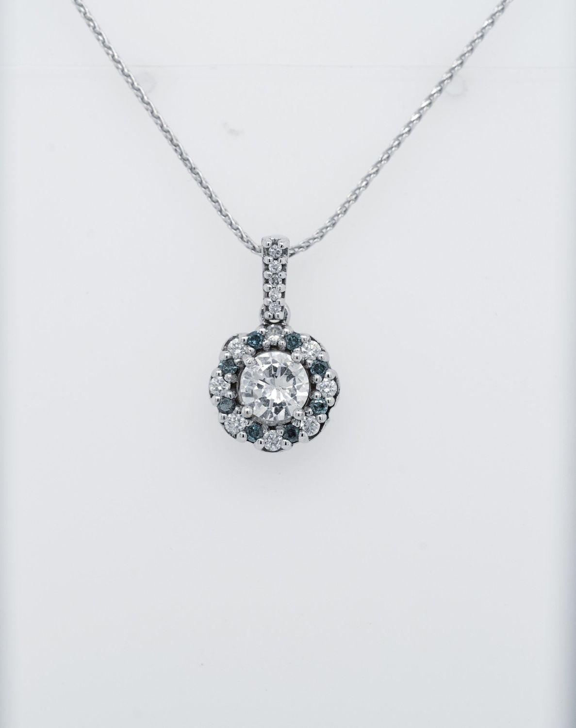 VVET- 14-18KW/Platinum 1.07ctw (.59ctr) G/SI2 Diamond &amp; Blue Topaz Halo Pendant 20&quot;