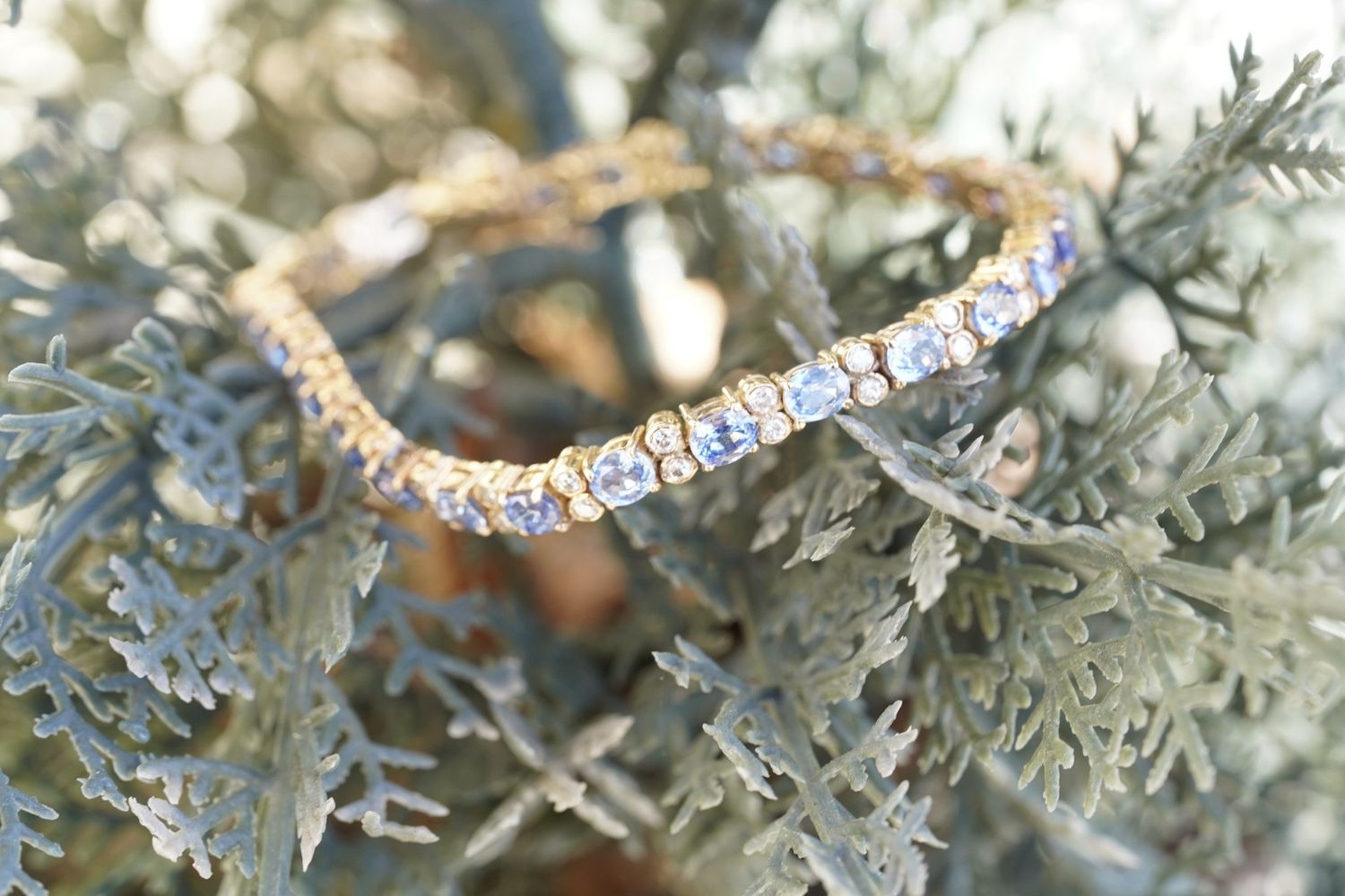 VRTT- 14KY 14.20g 7.00ctw Sapphire &amp; Diamond Tennis Bracelet 7&quot;