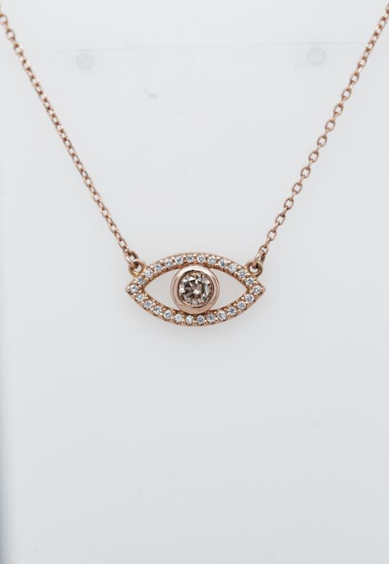 NET- 14KR 2.48g .50ctw (.25ctr) Chocolate Diamond Evil Eye Necklace 18&quot;