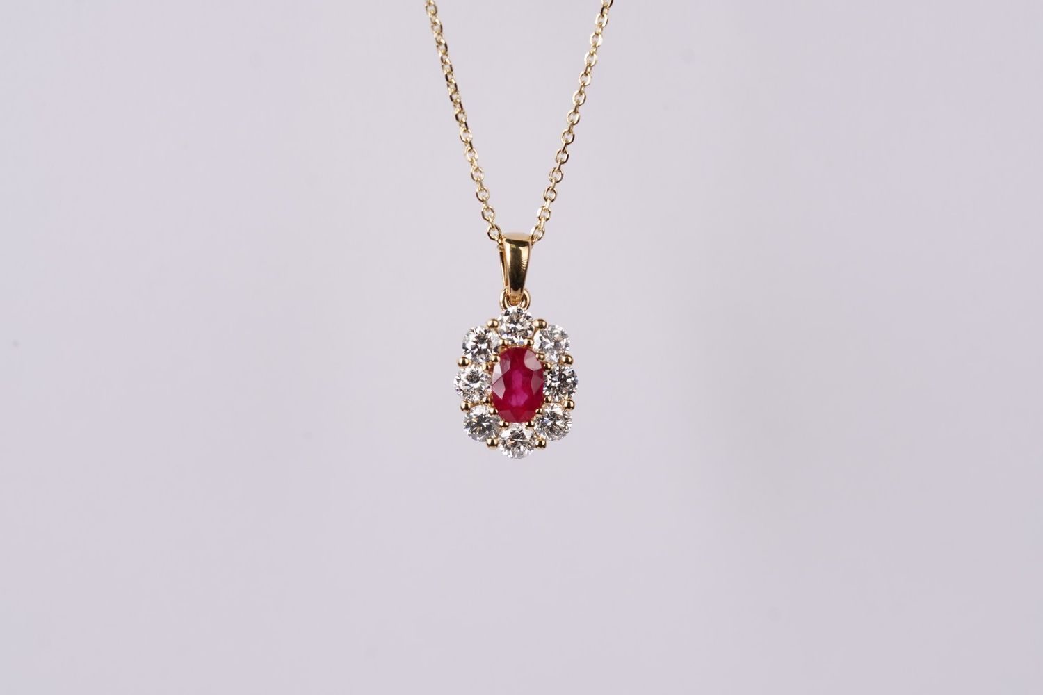 VNDA- 14KY 3.66g 1.49ctw (.60ctr) Ruby &amp; Diamond Halo Pendant 16-18&quot;