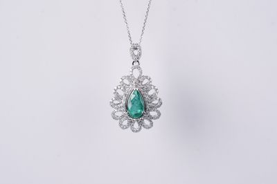 BLAX- 14KW 3.60g 1.49ctw (.79ctr) Emerald &amp; Diamond Halo Pendant 16-18&quot;