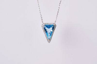 ADL- 14KW 2.90g 3.45ctw (3.20ctr) Blue Topaz &amp; Diamond Halo Pendant 16-18&quot;