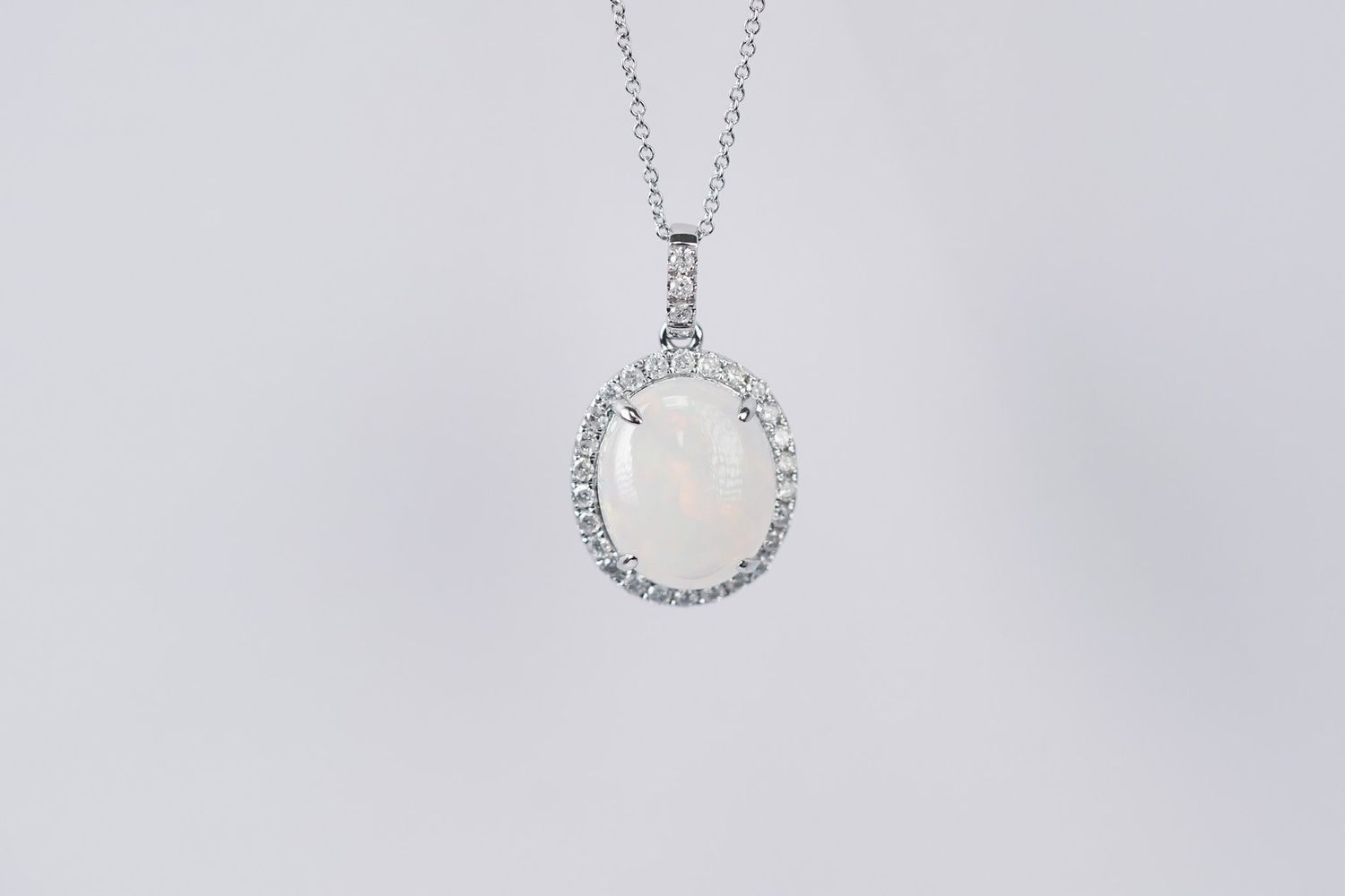DVNX- 14KW 3.10g 2.74ctw (2.40ctr) Opal &amp; Diamond Halo Pendant 18&quot;