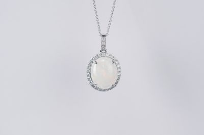 DVNX- 14KW 3.10g 2.74ctw (2.40ctr) Opal &amp; Diamond Halo Pendant 18&quot;
