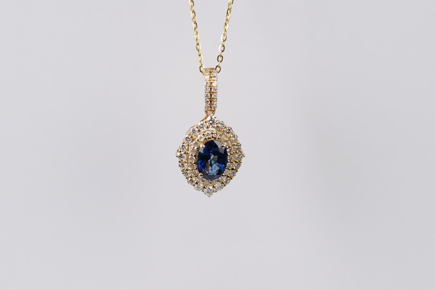 EVNX- 14KY 2.8g 1.53ctw (1.01ctr) Sapphire &amp; Diamond Halo Pendant 18&quot;
