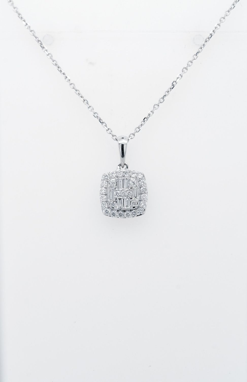 ADI- 14KW 1.80g .25ctw Baguette &amp; Round Diamond Halo Pendant 18&quot;