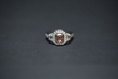 BETT- 18KW 4.35g 2.20ctw (1.45ctr) Pink/Brown/I1 GIA Radiant Diamond Halo Engagement Ring (size 6.5)