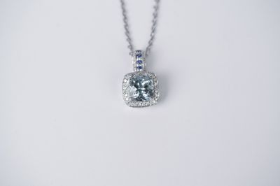EETX- 14KW 6.20g 2.42ctw Aquamarine, Diamond &amp; Sapphire Pendant 16-18&quot;