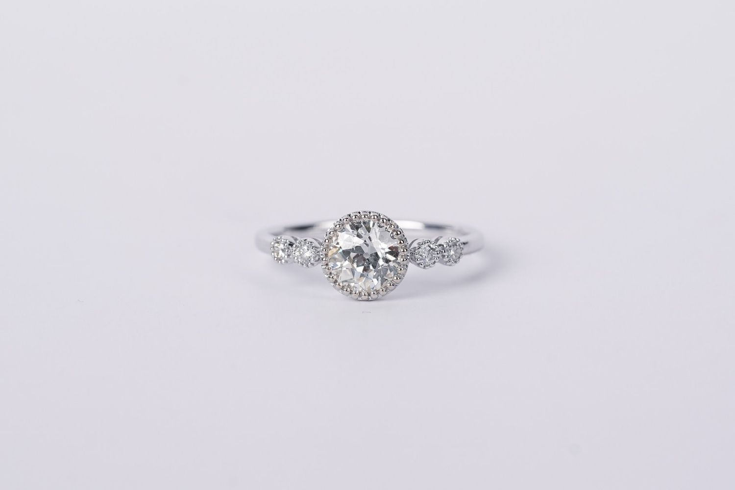 VDDT- 14KW 1.80g .97ctw (.87ctr) European Diamond J/SI2 Bezel Milgrain Fashion Ring (size 6.5)