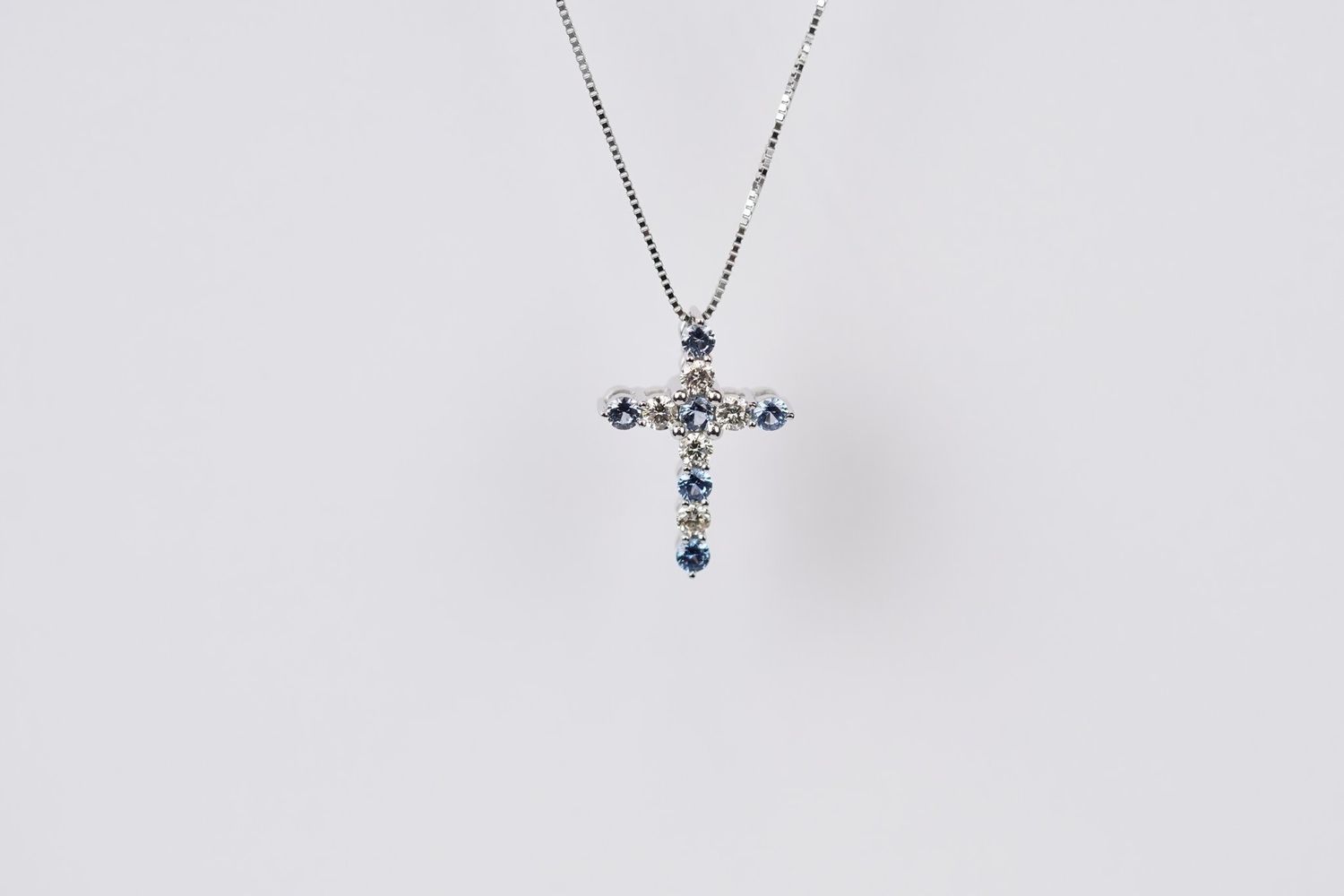 ETLX- 14KW 2.24g .65ctw Montana Sapphire &amp; Diamond Cross Necklace 18&quot;