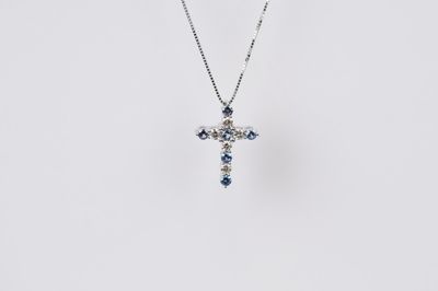 ETLX- 14KW 2.24g .65ctw Montana Sapphire &amp; Diamond Cross Necklace 18&quot;