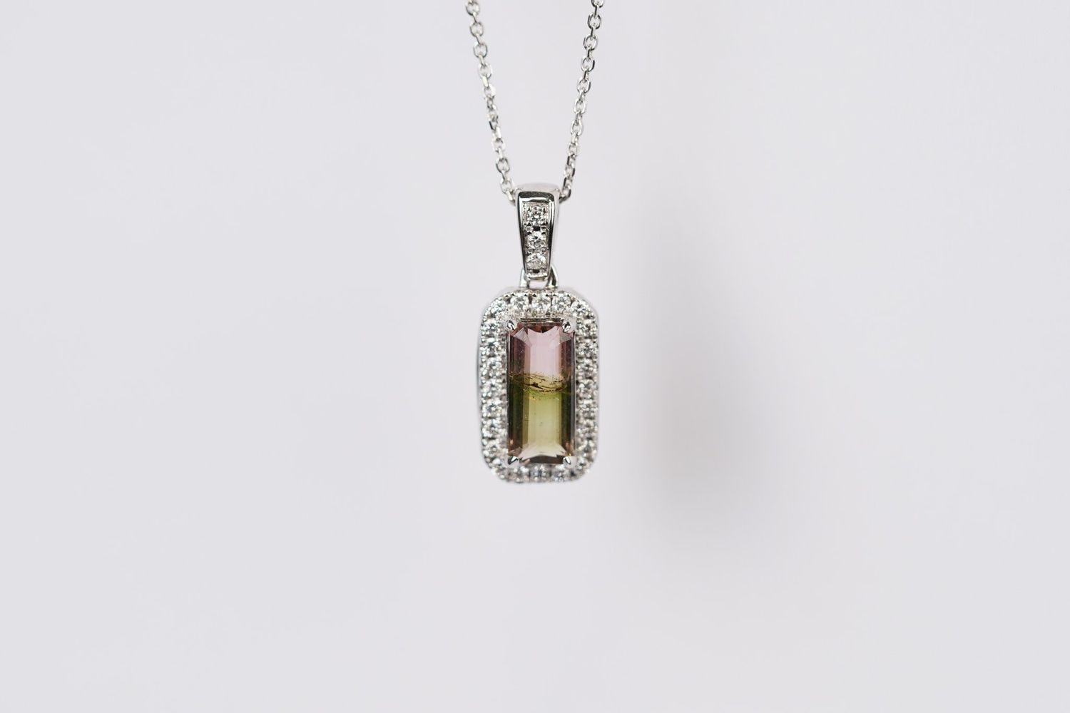 BTEX- 14KW 4.15g 2.01ctw (1.74ctr) Watermelon Tourmaline &amp; Diamond Halo Pendant 16-18&quot;