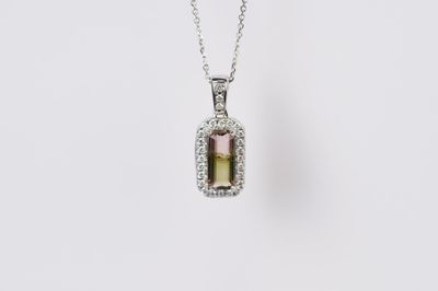 BTEX- 14KW 4.15g 2.01ctw (1.74ctr) Watermelon Tourmaline &amp; Diamond Halo Pendant 16-18&quot;