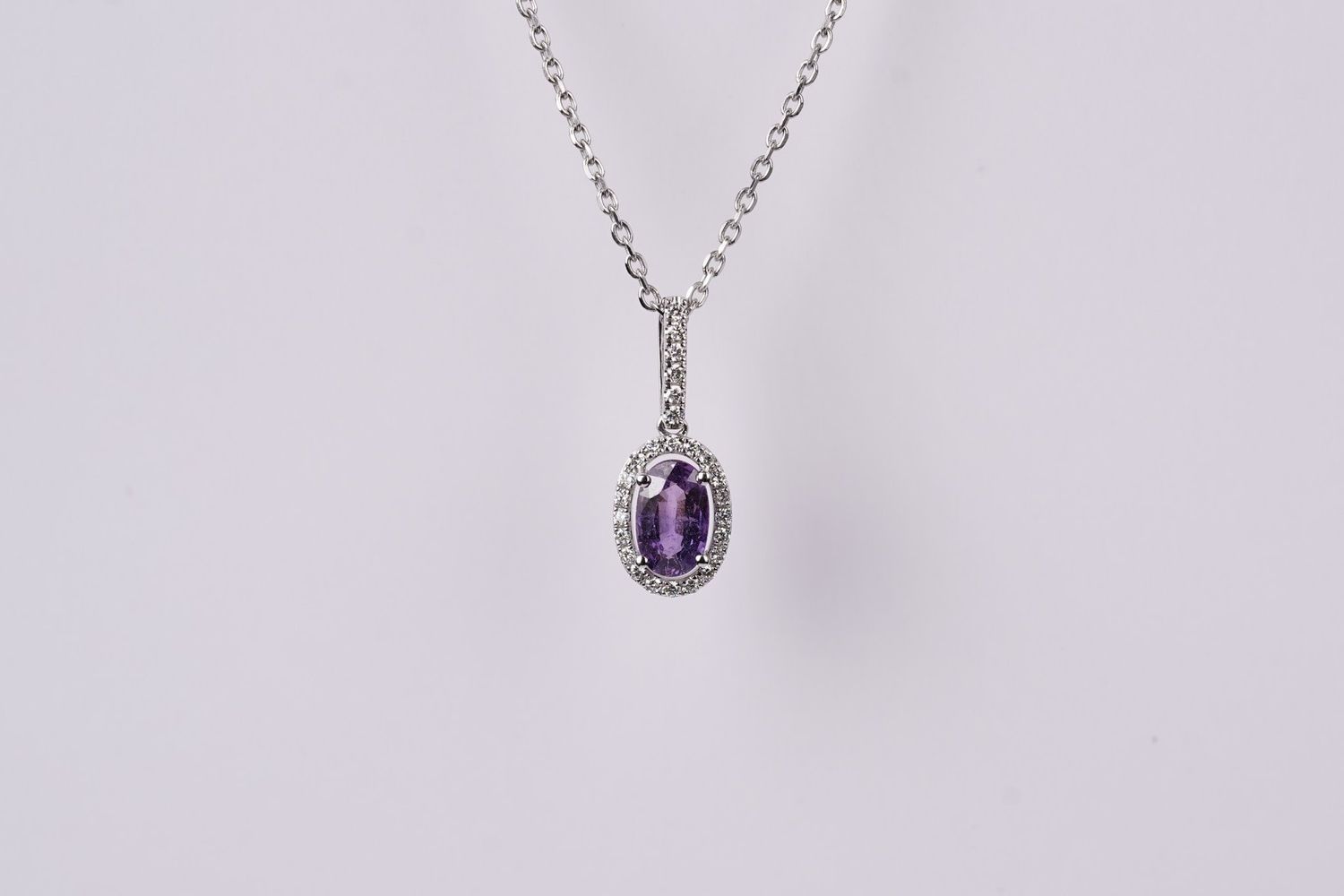 RETX- 14KW 4g 1.38ctw (1.19ctr) Purple Sapphire &amp; Diamond Halo Pendant 16-18&quot;
