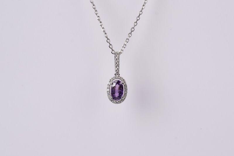 RETX- 14KW 4g 1.38ctw (1.19ctr) Purple Sapphire &amp; Diamond Halo Pendant 16-18&quot;