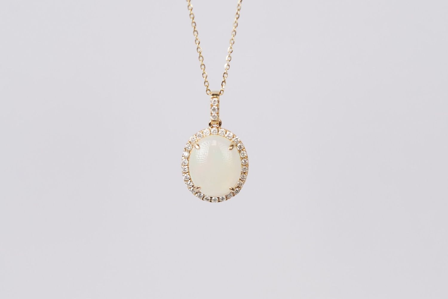 DVNX- 14KY 3.00g 2.74ctw (2.40ctr) Opal &amp; Diamond Halo Pendant 16-18&quot;